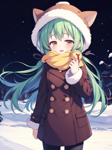 <lora:TachibanaYuzu:0.8>TachibanaYuzu, green hair, long hair, hair bell, hair ornament, ribbon,1boy, otoko no ko, soro,
fur hat, scarf, coat, shoes, happy, standing, looking at viewer, cowboy Shot,
masterpiece, high quality, very_high_resolution, large_filesize, full color,