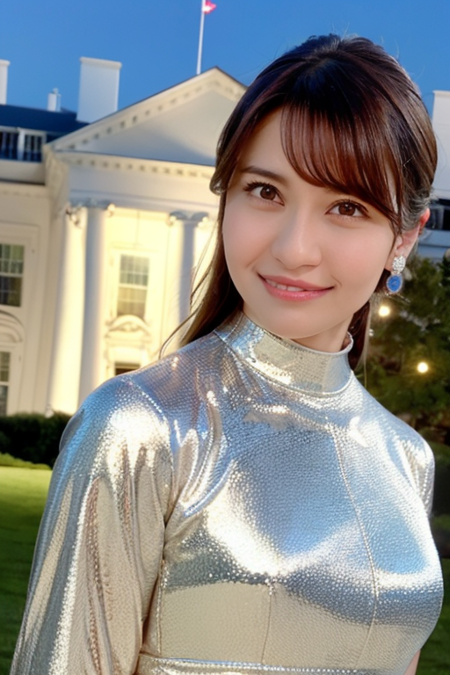 1girl,(wearing a glittery dress) in front of White House,(RAW photo, best quality), (realistic, photo-realistic:1.4), masterpiece, an extremely delicate and beautiful, extremely detailed, 2k wallpaper, Amazing, finely detail, extremely detailed CG unity 8k wallpaper, ultra-detailed, highres, soft light, beautiful detailed girl, extremely detailed eyes and face, beautiful detailed nose, beautiful detailed eyes,cinematic lighting,city light at night,perfect anatomy,slender body,