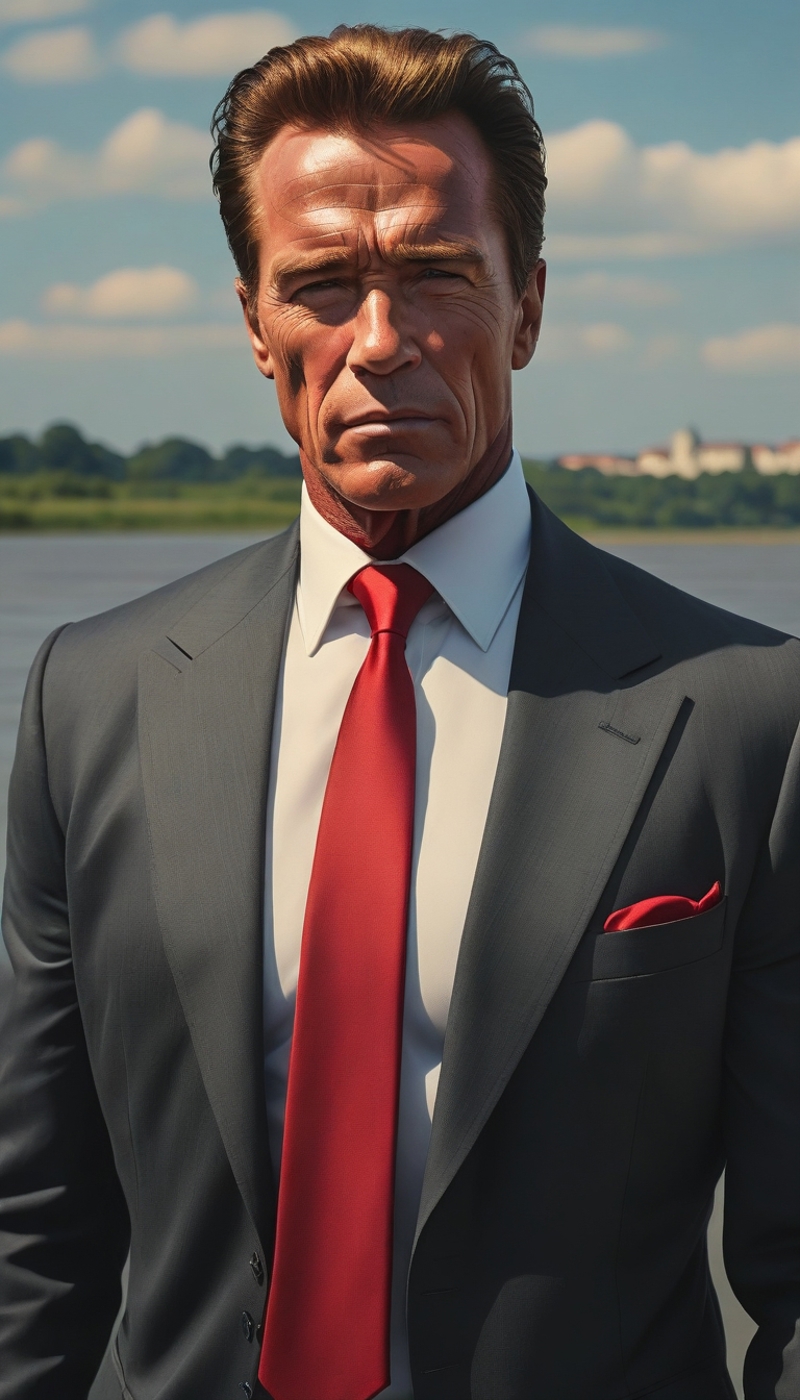 Man in a suit with a red tie standing in front of a body of water.