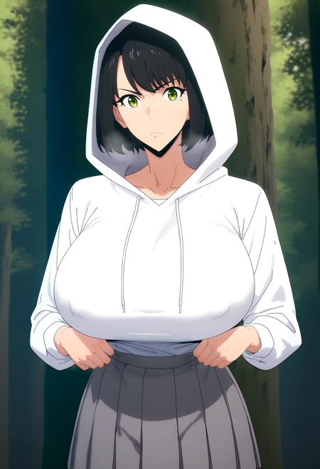 short hair, mole under eye, green eyes, black hair, bangs white hooded, white shirt, pleated skirt, grey skirt hood up