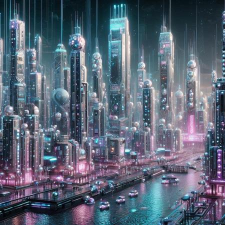 Pearlum,
8k, score_9, score_8_up, score_7_up,
masterpiece,realistic,ultra detailed, vibrant colors,photo-realistic,
A cyberpunk cityscape with iridescent pearl-like skyscrapers, glowing neon lights in blue, pink, and purple, holographic billboards, floating drones with pearl sheen, reflective water surfaces, intricate cybernetic details, futuristic and elegant, ultra-detailed, cinematic lighting, pearlescent textures, vibrant, dystopian yet luxurious atmosphere