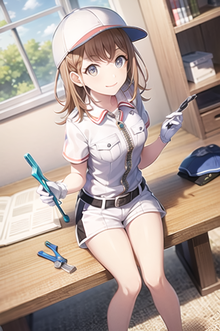 <lora:HanasatoMinori-10:0.7> , minori, 1girl, solo, looking at viewer, smile, brown hair, shirt, gloves, hat, holding, jewelry, sitting, closed mouth, short sleeves, shorts, collared shirt, belt, indoors, white gloves, hand up, medium hair, grey eyes, dutch angle, eyelashes, buttons, swept bangs, shadow, chain, from above, chair, stuffed toy, table, stuffed animal, looking up, wing collar, baseball cap, tsurime, desk, zipper, light blush, white shorts, dot nose, hair behind ear, controller, pencil, on chair, scissors, backwards hat, wrench, toy, spade (shape), tools