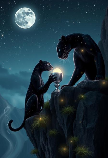 A hyper-stylized, breathtaking image of a mystical couple of celestial panthers enjoying a serene, romantic night together on a high, ancient cliff under a star-lit sky. One panther, with an inky black coat dotted with small, glowing constellations, gently nudges a silver chalice of starlit nectar toward its partner. The chalice sparkles with a soft, otherworldly light, illuminating the panther’s mesmerizing, crystal-blue eyes. The other panther, whose coat shimmers with iridescent hues of twilight purple and midnight blue, gazes at the chalice with a gentle, affectionate glow in its moonlit eyes. Around them, the rocky ledge is covered with ethereal moss that glows faintly, casting a subtle, enchanted light over the scene. In the sky above, a full moon and countless stars shine brightly, illuminating wisps of delicate, silvery mist that drift across the cliff edge. The atmosphere is a harmonious blend of romance and mystery, as if the panthers are sharing an eternal moment beneath the stars. High-quality, intricate details, visually stunning, masterpiece