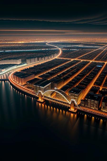 masterpiece, best quality, high quality, absurd res, absurdres, wallpaper, volumetric lighting, clouds, city, night, lights, buildings, cars, streets, birdsview