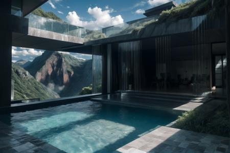black modern villa into the montain, on the edge of a cliff surrounded by waterfalls, cloudy weather, intricated architecture, (view from upper front:1.3),  black walls, photo from far
(masterpiece),(high quality), best quality, real,(realistic), super detailed, (full detail),(4k),8k,pool, window, no humans, scenery,outdoors, mystic,  <lora:_20230805154543:1><lora:add_detail:1.0>