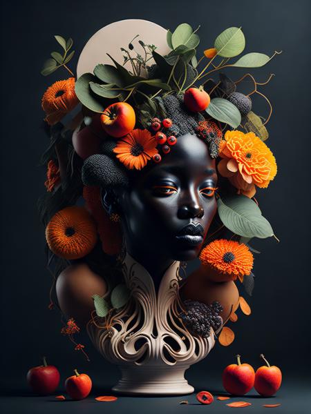 <lora:SurrealHarmony:0.7>a painting of a woman's head surrounded by flowers and fruit