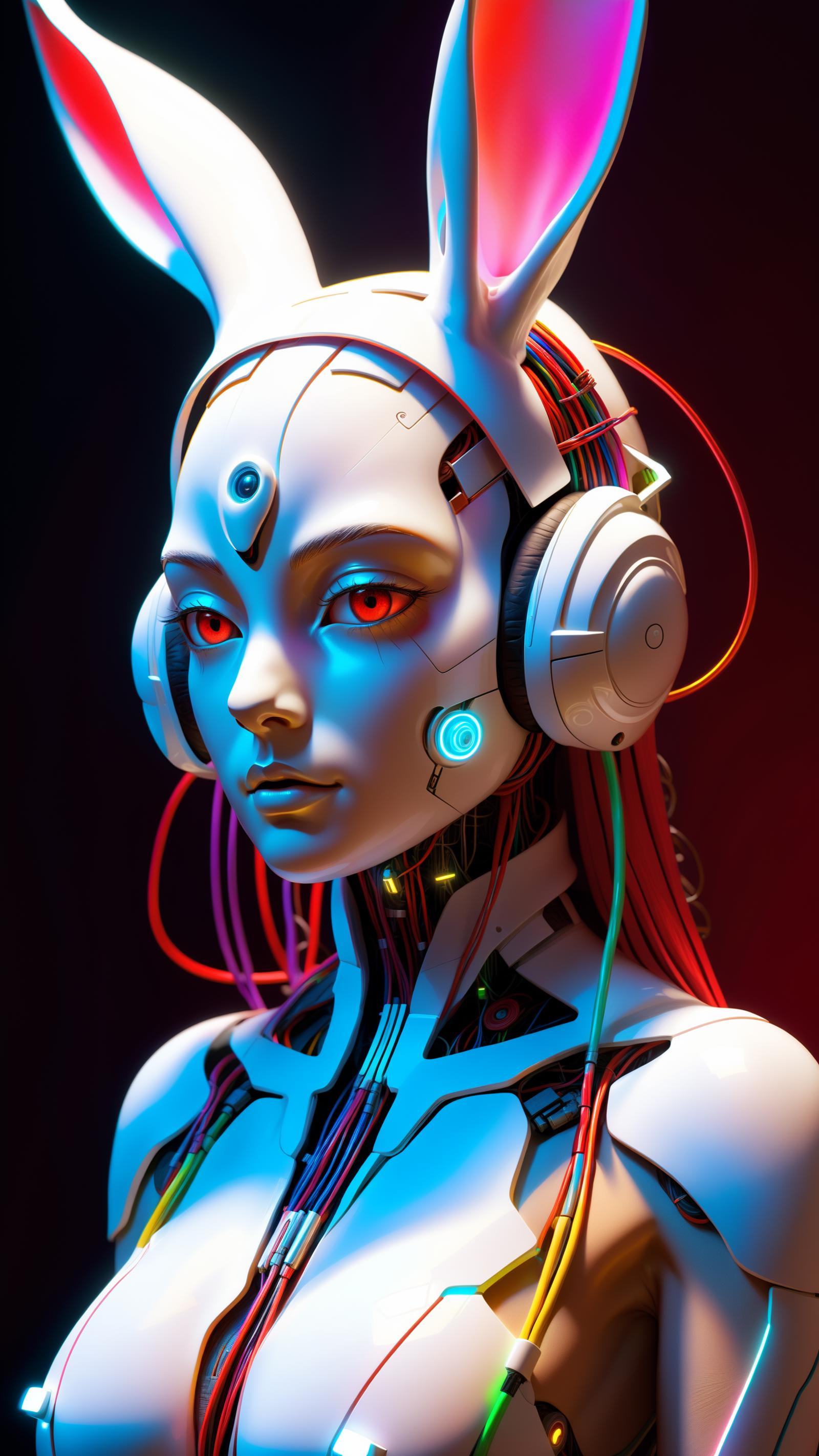 A woman with blue eyes and headphones on her ears.