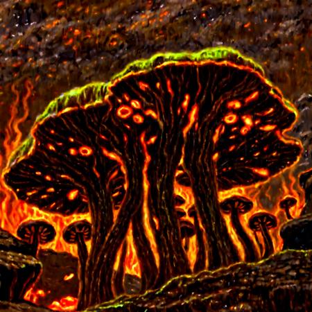 Arcpastel of a alien fungus with a glowing interior resting on a rock with lava surrounding it and lava jetting out of basalt stone, game art, scifi, volcanism, cosmic horror