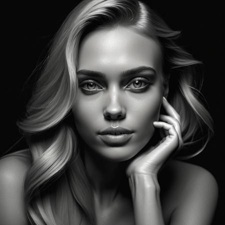 Create a high-resolution black-and-white portrait of a woman with long blonde hair, styled in a relaxed and natural way. The woman should be positioned slightly to the left, with her face angled towards the camera and her hand gently touching her chin. The background should be a plain, dark backdrop, allowing the focus to remain on her facial expression and features. The lighting should be soft and directional, highlighting the contours of her face and hair, while creating subtle shadows for depth and dimension.