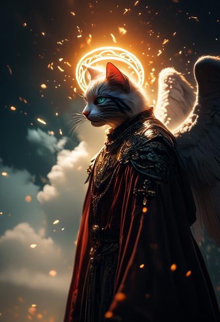 (score_9, score_8_up), score_7_up, (((cat))), clouds in the background, jewelry, necklace, armor, from side, glowing energy halo, cross, in the heaven, robe, blue and white theme, angel wings,
, 
depth of field, blurry background, black background, dark, CINE, embers, 
 <lora:unholy-000009:0.75>   <lora:CINE-000008:0.5>