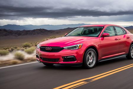 ((best quality)), ((masterpiece)), ((realistic)), (detailed),4K, absurdres, HDR,
dark pink Oldsmobile Cutlass 442 L69, L75, L78, W-30 driving on the highway throught the death valley desert, chrome, glossy chassis, dramatic scene, thunderstorm with lightnings at the horizon, dramatic angle, low angle, (focus car:1.2), (motion blur:1.1), wide angle, dust cloud behind the cas, car moving at high speed, car in the centerâââ
