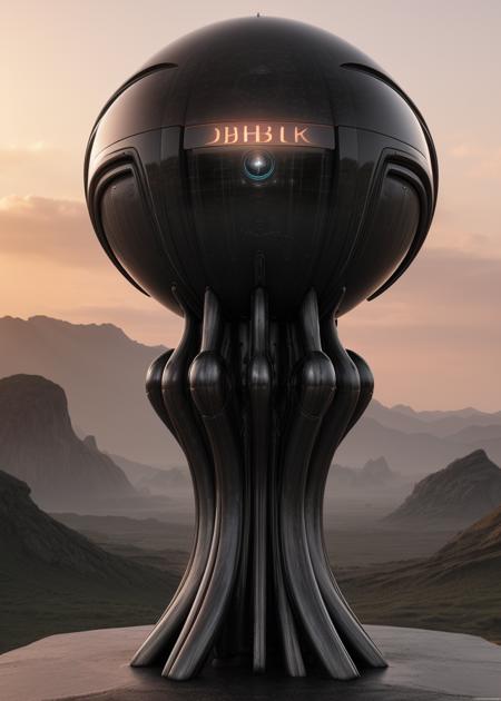 futuristic alien tech sphere, embedded into a monolithic obelisk, informational display,  <lora:sfear:1>, sfear, 3d render, high quality, uhd, photorealistic