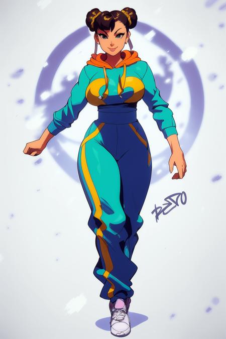 masterpiece, best quality, 1girl, chun-li, streetwear, hoodie, double buns hair, baggy pants, wide hips, large breasts, snowing, chinatown, walking, smile, robaato