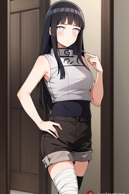 Best quality, absurdres, ultra-detailed,  <lora:HinataV3:1>, hyuuga hinata, Hinata-Sleeveless-Outfit, sleeveless_shirt, black_shorts, bandaged_leg, 1girl, solo, long hair