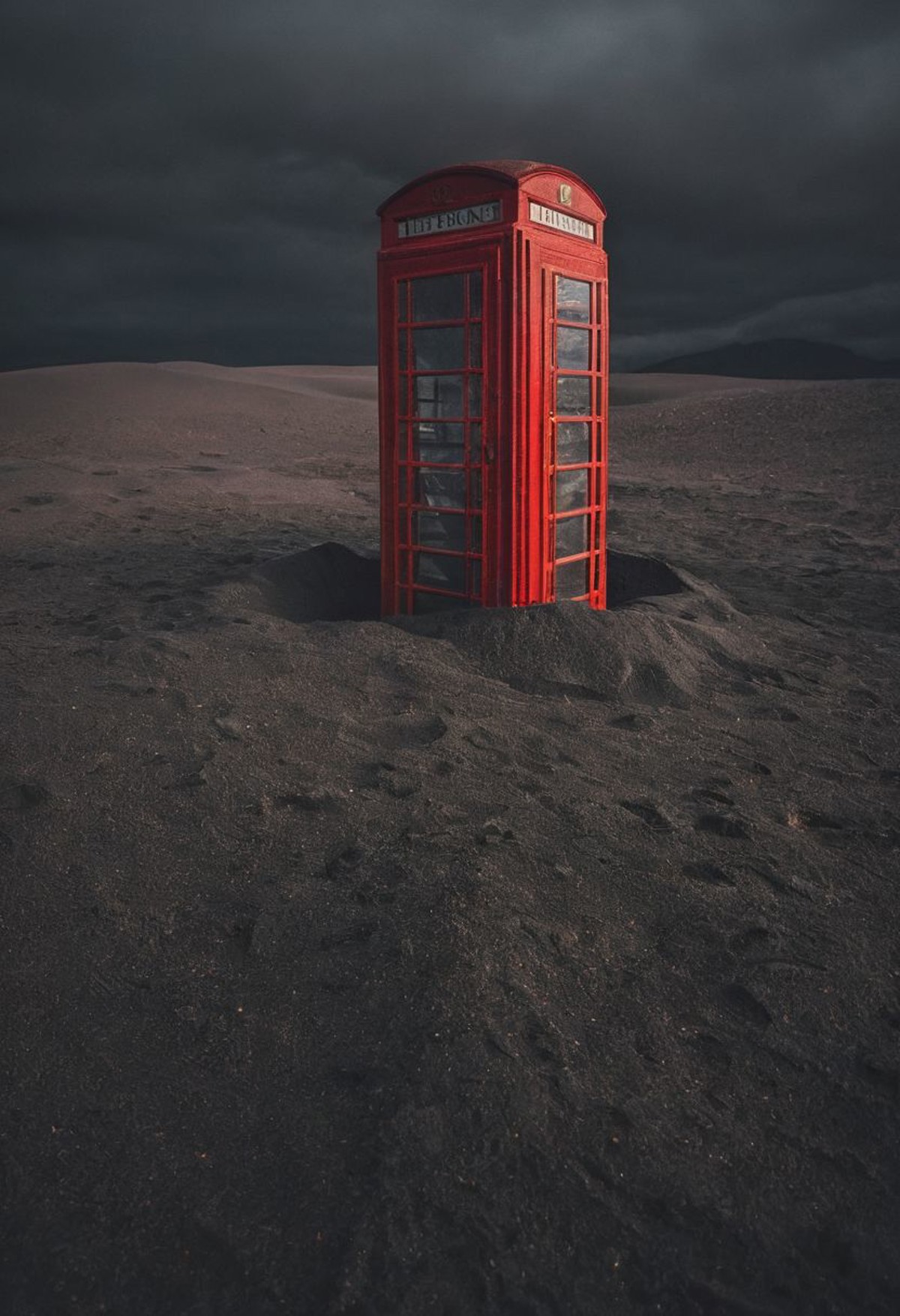 photo of a red telephone box burried partially in a black sand desert, highly detailed, cinemascope, moody, epic, photorea...