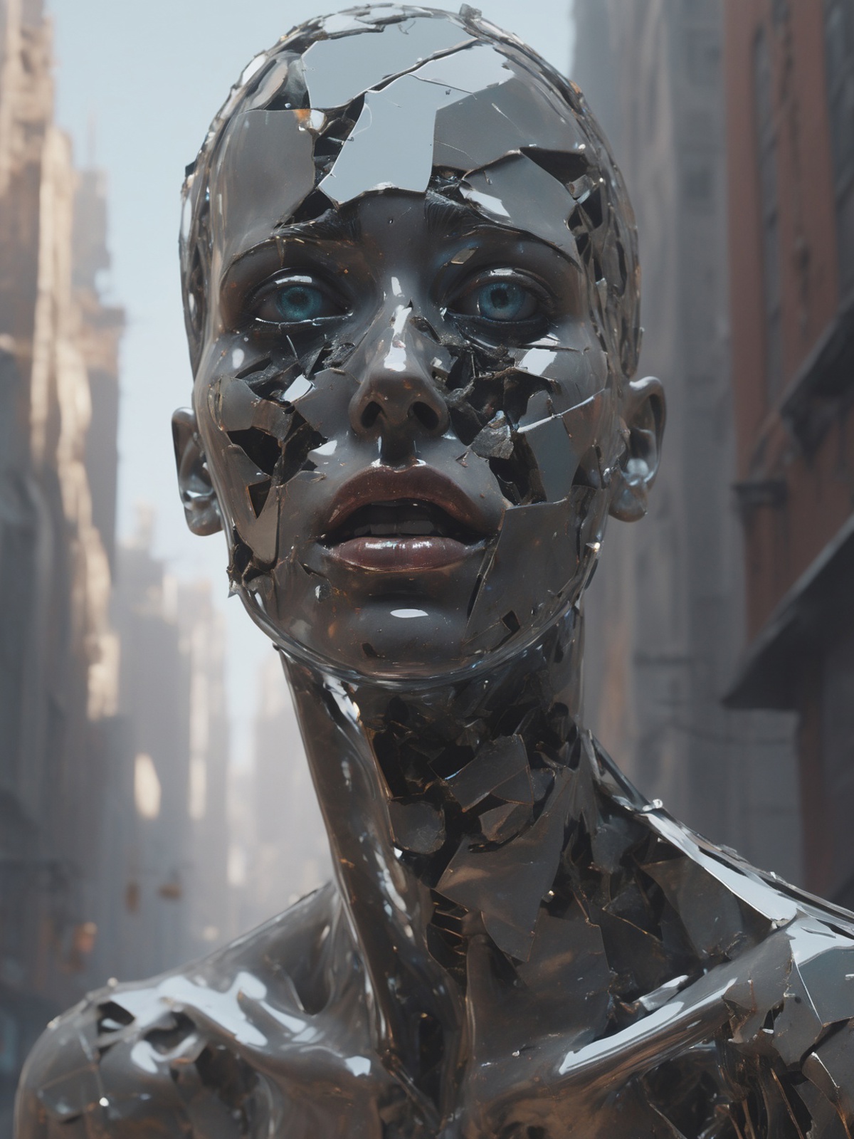 A robotic face with blue eyes and shards of mirrors on it.