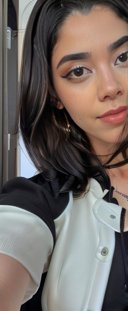 <lora:lyndaparraV2-15:1> a  woman , woman in a casual suit, taking a selfie, with black hair, pretty face