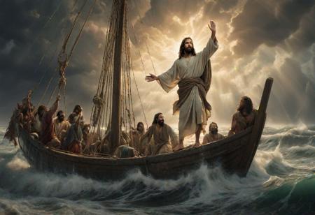 highly detailed photograph of jesus welcomed aboard his  disciples soaked sailboat , epic biblical depiction,  coming out of the ocean, they come ashore, the weather is calmed, storm is far away, rocks and snad of the shore seen on the picture