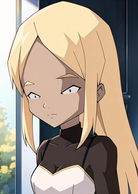 best quality, high detail, (detailed face),  ((best quality, masterpiece)), (high-resolution:1.2),blonde hair,(dark skin),black eyes,women, long hair, black eyes,closed mouth, code lyoko, (white dress),standing,solo,