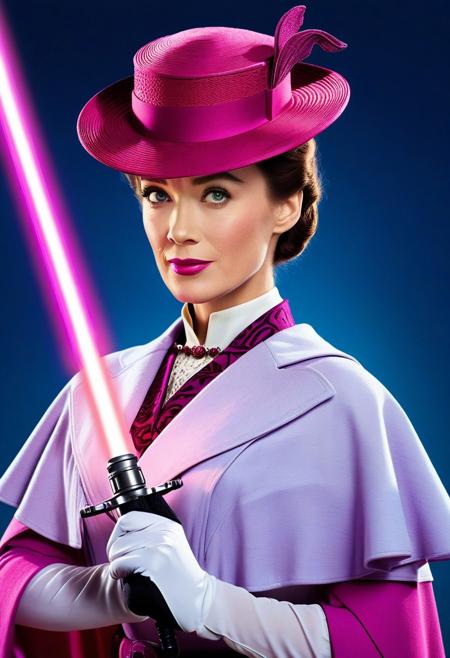 Concept photo, Incredibly Detailed Accurate Portrait Of Female (((Mary poppins))) dressed as a Jedi with a powered-magenta lightsabre, on a distant world
