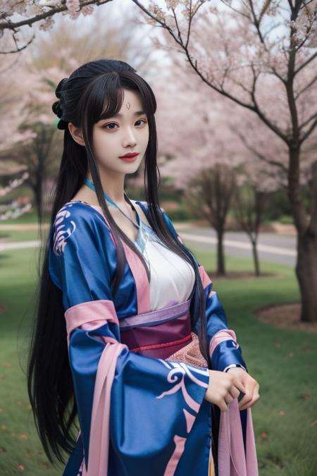 ltra-detailed,highly detailed,best quality,masterpiece,illustration,realistic,photorealistic,
liumengli, 1girl, solo, cosplay, 
hanfu, chinese clothes, wide sleeves, long sleeves, sash, hair ornament, 
long hair, black hair, bangs, blunt bangs, sidelocks, 
standing, looking at viewer, upper body, 
outdoors, grass, flower, day, cherry blossoms, tree, sunlight, photo background, rock, 
 <lora:liumengli_v1_06:0.8>