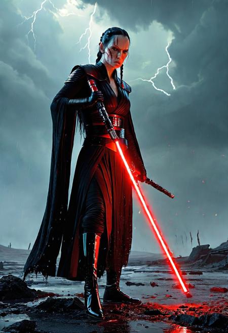 A beautiful Dark Sith lord with braided black hair stands defiantly amidst a raging storm on a desolate battlefield. Her Sith robe are intricately detailed and reflect the flickering light of distant fires, Star Wars style, The light of battle illuminates her determined expression as she prepares to face the dark enemy, (holding the Red Lightsaber in his hand: 1.5), Close up. Star Wars art style, Standing on a battlefield at the head of an army of Dark Siths, where a bloody slaughter is taking place, (standing in battle pose: 1.3), cinematic lightning, intricately detailed black and red Sith robe, The scene is reminiscent of a Greg Rutkowski concept art piece, realistic pale freckled face covered in blood, with dramatic lighting and a dark, curvy, looking at viewer, gritty atmosphere, Ultra-detailed, Raytracing reflections, High contrast, beautiful Dark Sith lord, beautiful firm body, girl athletic figure, (the pale face is very similar to Wednesday: 1.6), oranges, and greens, attractive 21 years old woman, cinematic lightning, Cinematic film still, Medium shot. Best quality, Masterpiece, The scene is reminiscent of a Greg Rutkowski concept art piece, realistic pale freckled face covered in blood, with dramatic lighting and a dark, gritty atmosphere, asymmetrical balance