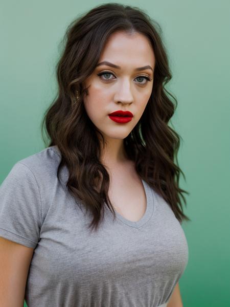 Realistic photo of a beautiful k4td3n woman, 1girl,solo,long hair,brown hair,shirt,upper body,short sleeves,parted lips,lips,grey eyes,makeup,blue background,lipstick,red shirt,realistic,red lips, soft lighting, professional Photography, Photorealistic, detailed, RAW, analog, sharp focus, 8k, HD, high quality, masterpiece<lora:k4td3n:1.0>
