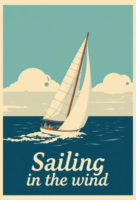 graphical art, sailboat, poster design, text "Sailing in the wind", vintage retro style, scandinavian