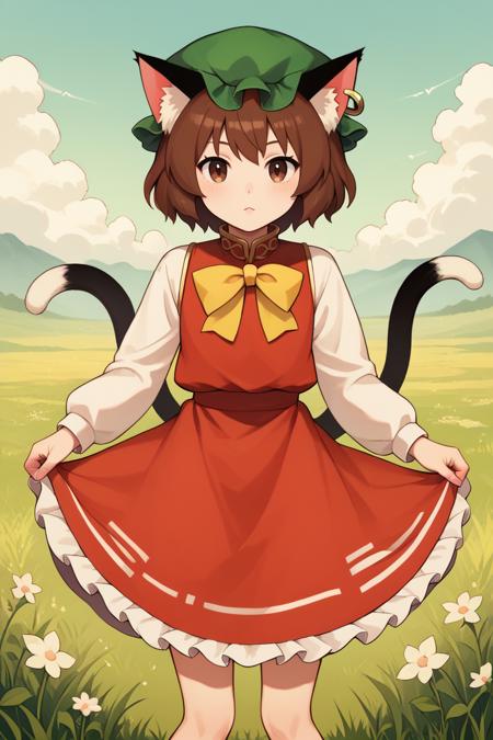 chen brown hair, brown eyes, cat ears, green hat, mob cap, red dress, juliet sleeves, frills, flat chest, two tails