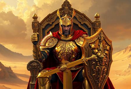 Golden Phantom Knights of Silent Boots knight on throne, desert vista, ornate gold armor, red cape, matching gold shield & sword, baroque painting, dramatic lighting, trending on Artstation, 4k, octane render, unreal engine 5, hyperrealistic, detailed face, vivid emotion, CGSociety, golden ratio, isometric, splash ink illustration, grammer effect style.
