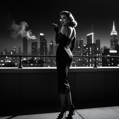 nstylev2, Film noir style, ultra realistic, ultra defined textures black and white photography, on the rooftop of a high-rise, a deadly woman waits, her silhouette framed by the city skyline. She wears a skintight black dress slit high on her thigh, lace gloves covering the pistol in her hand. Below, her target exits a club, stepping into the neon-lit street. She takes a drag from her cigarette, the ember flaring as she exhales slowly. She could take the shot nowâbut whereâs the fun in that? A femme fatale doesnât just kill. She makes them fall for her first.<lora:Noir-Style_FilmPhotography_V2_-_SDXL1.0:0.8>