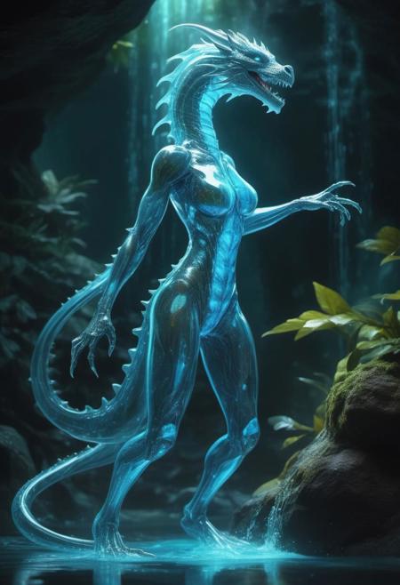 ((((translucent)))) and bioluminescent glass. liquid plasma, female humanoid dragon, full body dynamically posed, transparent ((xray art)), background tropical, water fall, illustration, extreme detail, digital art, 16k, ultra hd, oil painting, adult fantasy,sci-fi, bold colors, illustration, beautiful, cinematic lighting, highly detailed, , hyper-realistic, hyper-detailed, airbrush art, Bernie, ultra hd, realistic, vivid colors, highly detailed, UHD, perfect composition, beautiful detailed intricate insanely detailed octane render trending on artstation, 16k artistic photography, photorealistic concept art, soft natural volumetric cinematic perfect light, caustic reflections, heavy bokeh