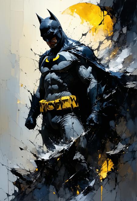 Batman in a monochrome storm, his cape a tidal wave of ink swallowing a crumbling Gotham penthouse (extreme low angle, horizon tilted). Sin City’s nihilist edge: the world is shredded newsprint and India ink, the glowing sulfur-yellow Bat-symbol. Frank Miller’s chiaroscuro hones his silhouette: block-jawed cowl, cape hooks sharp as blades. Rain like slashes of white, dissolving into the void below.