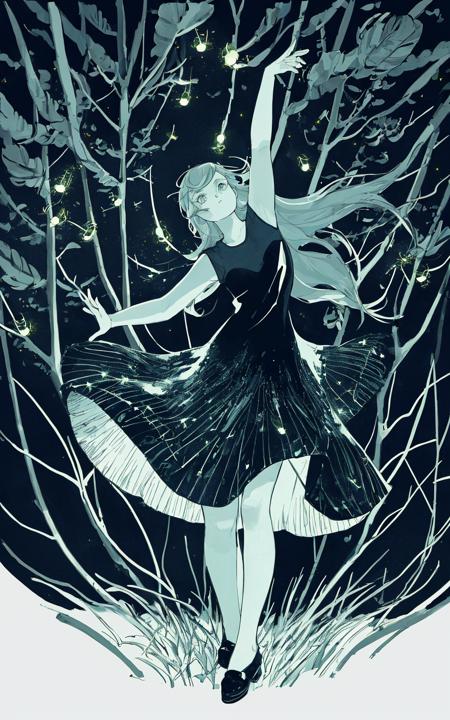 A girl dancing in the forest, She has many fireflies around her, riso print style, Slight retro color, flat, grainy, illustration, low saturation, cold color palette, muted colors, detailed, 8k,  <lora:riso_tunan:0.8>