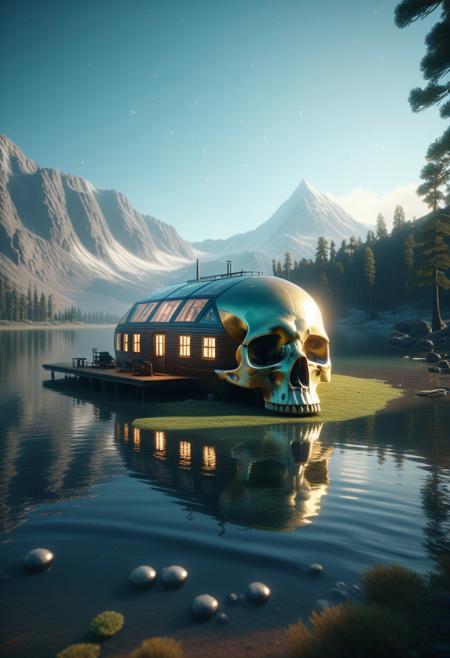 scenery of a cabin at the shore of a lake with dust particles reflecting sunlight with giant skull formed alien ship laying at the middle of the lake in the style of beeple and mike winkelmann and dan mumford, mystical colors, rim light, beautiful lighting, 8k, stunning scene, raytracing, octane, trending on artstation, cinematic, hyperrealism, octane render, cinematic light, macro, depth of field, bokeh, 8k, medium-format print, full-color print, beautiful composition, intricate details, high resolution, artstation 4k ultra hd, masterpiece, 8k, intricate, detailed, photorealistic 8k image,