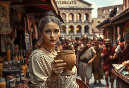 Setting is a 1st century Roman Empire market in Rome, the market is comprised of street vendors selling, food, weapons, and clothing. Everyone and everything in the image is appropriate for a scene from Ancient Rome, People wearing Roman clothing are walking through the crowded chaotic street market shopping and eating, in the foreground is a merchant selling beverages and food at a market kiosk, (((a beautiful woman, 24 years old is standing in the foreground, the woman  facing the viewer with a clay goblet of wine in her hand. Her eyes are beautiful and focused on the viewer, she has an expression of interested curiosity))), Roman Soldiers are walking behind the beautiful woman, one of the solders turns to look at the beautiful woman, many people are walking by in the busy street market, the woman is dressed in high fashion Roman Empire clothing with an alluringly sexual, but traditional roman aesthetic. The woman's hair is elegantly tied up with a ribbon. Artistic ancient Roman aesthetic, dynamic perspective, (((overall architectural aesthetic is Ancient Rome in 1st Century Roman Empire era))).  Epic image that elicits a feeling of wonder and awe, Rome Coliseum Roman Forum architecture in background, a sleek black cat is visible sitting on a kiosk roof in the background,