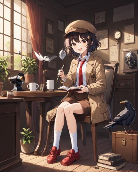 shameimaru aya, red_necktie, flat_cap, photo_\(object\), 1girl, quill, white_shirt, coffee, crow, cabbie_hat, sitting, coffee_mug, solo, brown_shorts, collared_shirt, white_socks, radio, brown_jacket, open_mouth, bag, long_sleeves, smile, looking_at_viewer, camera, chair, brown_headwear, table, holding_pen, nib_pen_\(object\), official_alternate_costume, open_window, open_jacket, holding_book, red_footwear, indoors, feathers, holding_cup, phonograph, potted_plant
<lora:shameimaru_aya_image5713_2023-12-20-000004:1>,star-shaped_pupils,symbol-shaped_pupils,. gorgeous,key visual, vibrant, studio anime,award-winning, professional, highly detailed,high budget, cinemascope