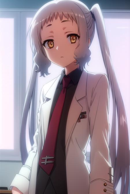 korewaariel, <lora:korewa ariel s2-lora-nochekaiser:1>,
ariel, long hair, twintails, (brown eyes:1.5), white hair,
BREAK necktie, red necktie, labcoat, (white labcoat:1.5), shirt, black shirt, collared shirt,
BREAK indoors, classroom,
BREAK looking at viewer, (cowboy shot:1.5),
BREAK <lyco:GoodHands-beta2:1>, (masterpiece:1.2), best quality, high resolution, unity 8k wallpaper, (illustration:0.8), (beautiful detailed eyes:1.6), extremely detailed face, perfect lighting, extremely detailed CG, (perfect hands, perfect anatomy),