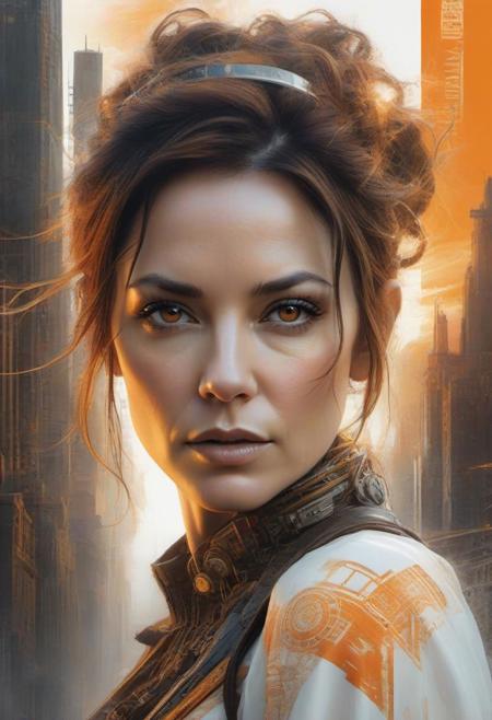 Steampunk Woman 40 years old with fine hightech skin details, detailed face, sf, intricate artwork masterpiece, orange and white pastel ratio, background is apocalyptic city on golden hour, ominous, matte painting movie poster, by Carne Griffiths