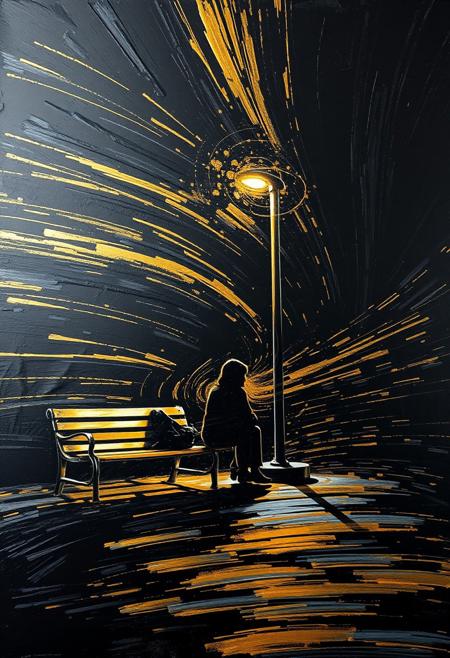 A hyper-stylistic, extremely detailed image depicts a breathtaking painting, crafted from a combination of smeared black and gold metallic paint. A person sitting on a park bench next to a lone street light at night is captured in a streaked motion, as if it is moving rapidly in one direction. The black paint is applied in bold, dynamic strokes, creating a sense of energy and movement that is contrasted beautifully by the golden accents. The gold paint is used to highlight the person, the bench and street lights features, adding a sense of depth and dimensionality to the image. The overall effect is one of breathtaking, surreal dynamism, as if the viewer has captured a fleeting moment in time. Every detail of the image is meticulously crafted, from the delicate, swirling patterns of the gold paint to the intricate, textured patterns of the black paint. The contrasts between light and dark, color and texture, create a sense of tension and energy that draws the viewer in, inviting them to explore the kinetic world of the painting. highest-Quality, intricate details, visually stunning, Masterpiece