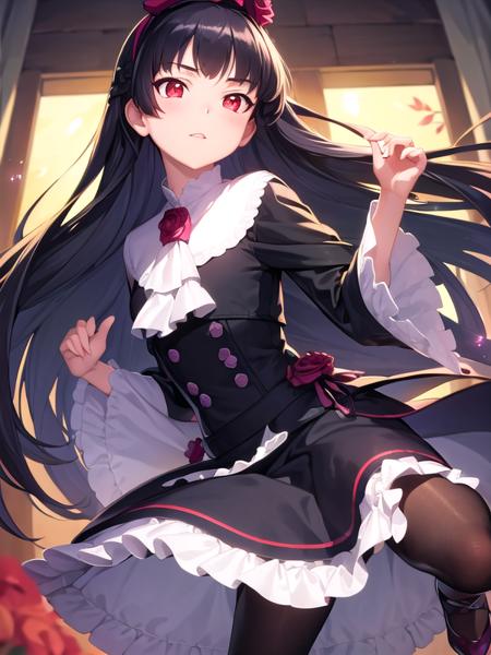 (ultra detailed),(masterpeace),(best quality),(photorealistic), beautiful lighting,CG,(colour:1.2),1girl, solo, day,park, <lora:kuroneko_oreimo_V1:1>,gokou ruri, black hair, long hair, straight hair,red eyes, black dress , black pantyhose, pumps,flower hair band