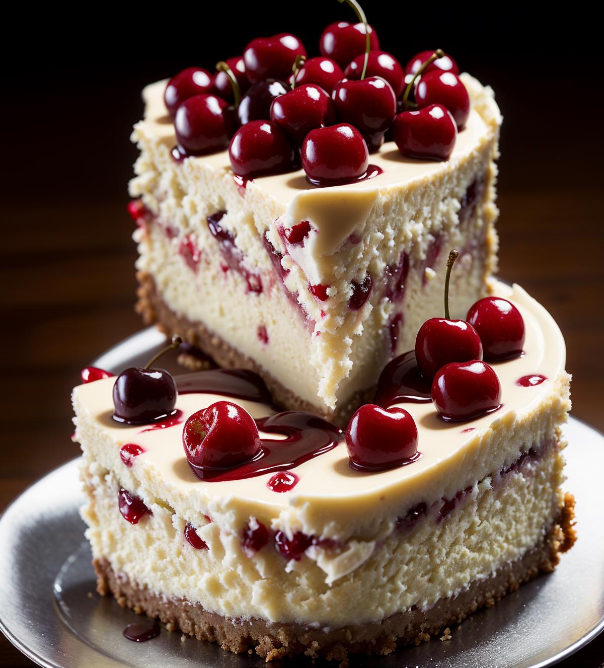 A delicious slice of cherry cheesecake on a plate.