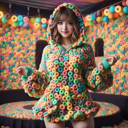 dance floor, disco, cute girl, colorful disco lights, large breasts, thin waist, beautiful detailed face, beautiful eyes, colorful oversize sweater made of fruit loops, hoody, and skirt made of fruit loops, anime, manga, comic style <lora:FrootLoopStyle:0.68>