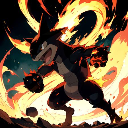 highres, masterpiece, sugimori ken \(style\), picture of a fire type pokemon \(creature\), bipedal, fire punch, light, flame, happy, floating, sunny day, fighting type