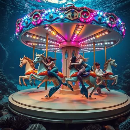 sea floor, an underwater amusement park, a merry-go-round with ride seats placed on classy figures of centaurs and dryads made of ivory and jade, cute mermaids having a frolicking joyride hugging those figures by the neck, merry-go-round is studded with colored electric bulbs and lit like a Christmas tree, colored inky or fluorescent streams or air bubbles emanating from sea floor, eels and schools of fishes on the background, atmosphere of joy and spinning,