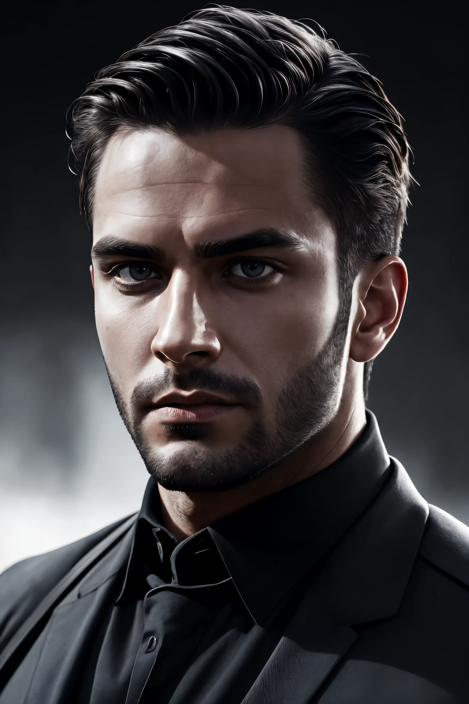 high quality, face portrait photo of 30 y.o european man, wearing black shirt, serious face, detailed face, skin pores, ci...
