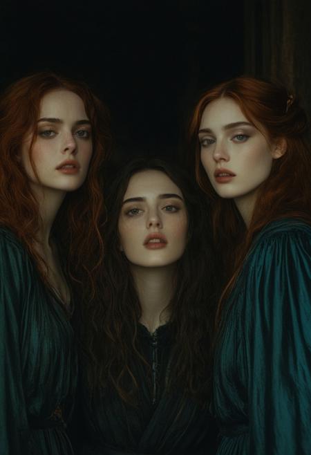 highly cinematic, 3 woman, melancholic and dramatic atmosphere, film scene, wearing absurd clothing, part, inspired by Pre-Raphaelitism