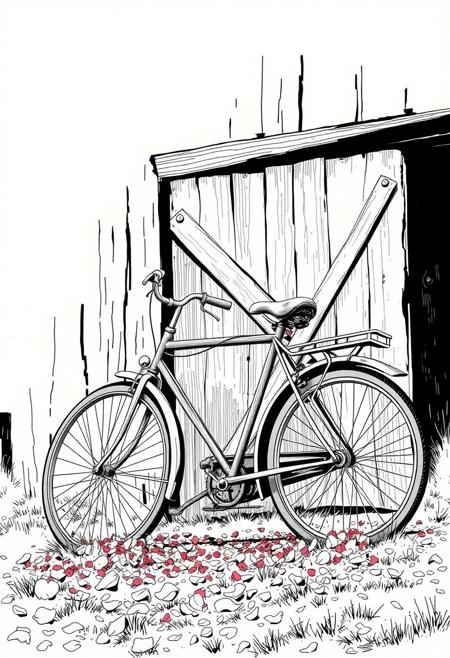 A bicycle with a handmade wooden frame leans against an old barn, its wheels covered in flower petals as if it had just ridden through a dream., minimalist comic art meets classical portrait photography, graphic novel composition with painterly lighting, cinematic framing, expressive black-and-white linework fused with old master aesthetics, dramatic chiaroscuro, stylized realism, moody backgrounds with elegant props, symbolic visual storytelling, refined costume elements in graphic contrast, strong narrative focus, figures posed with historical gravitas, vintage portrait atmosphere merged with bold panel layout, sharp visual rhythm, contemporary storytelling through classical form