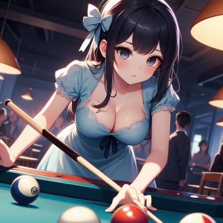 aim pool ball both hands holding pool cue lean on table bend over ribbon lace dress professional game night
