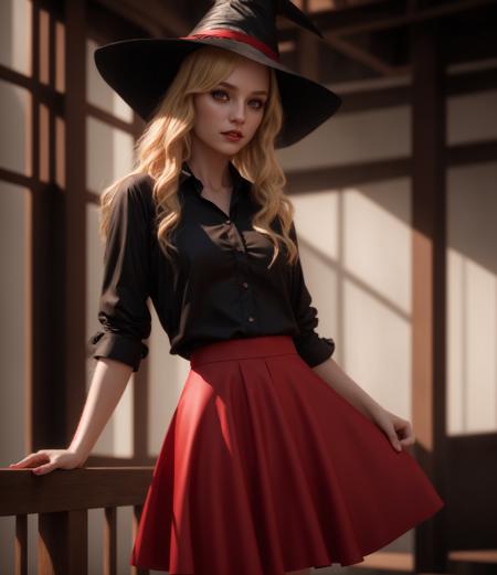 witch, girl, hair blonde, Best quality, skirt red, masterpiece, shirt white, ultra high res, (photo realistic:1.4), raw photo, cinematic lighting, blender, 8 k,